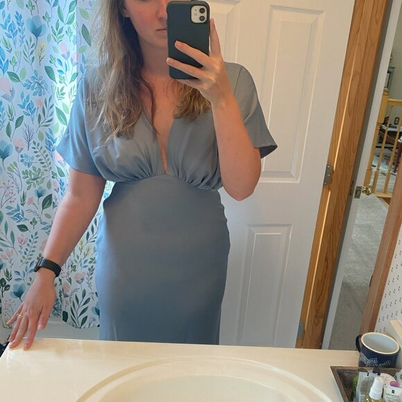 Anthropologie BHLDN Leila Deep-V Flutter-Sleeve Satin A-Line Gown in Dusty Blue - Picture 2 of 4